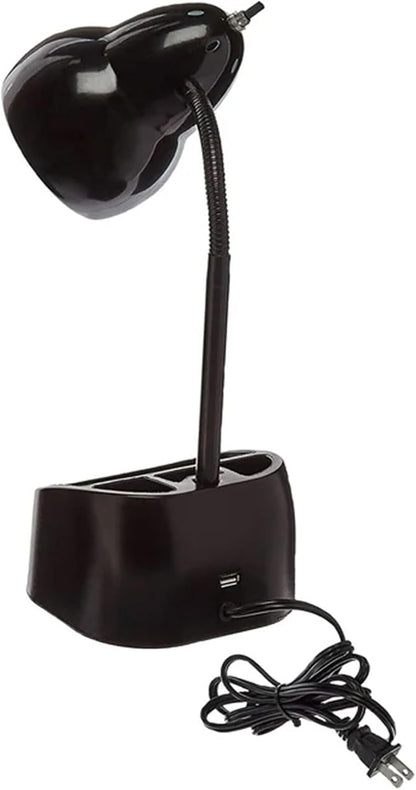 6.3 x 6.69 x 10.63 Inches Goose Neck Desk Lamp with 10 Watt A-19 Non Dimmable LED Bulb, 2.1a USB Port and Organizer, Black