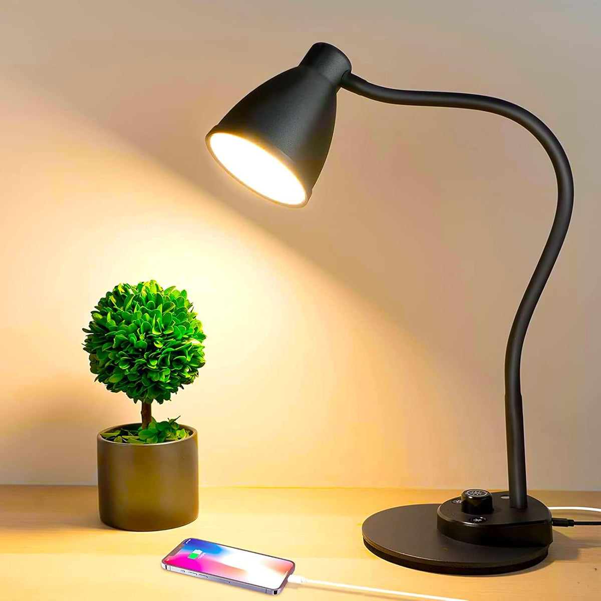 LED Desk Lamp with USB Charging Port 3 Color Modes Dimmable, Black