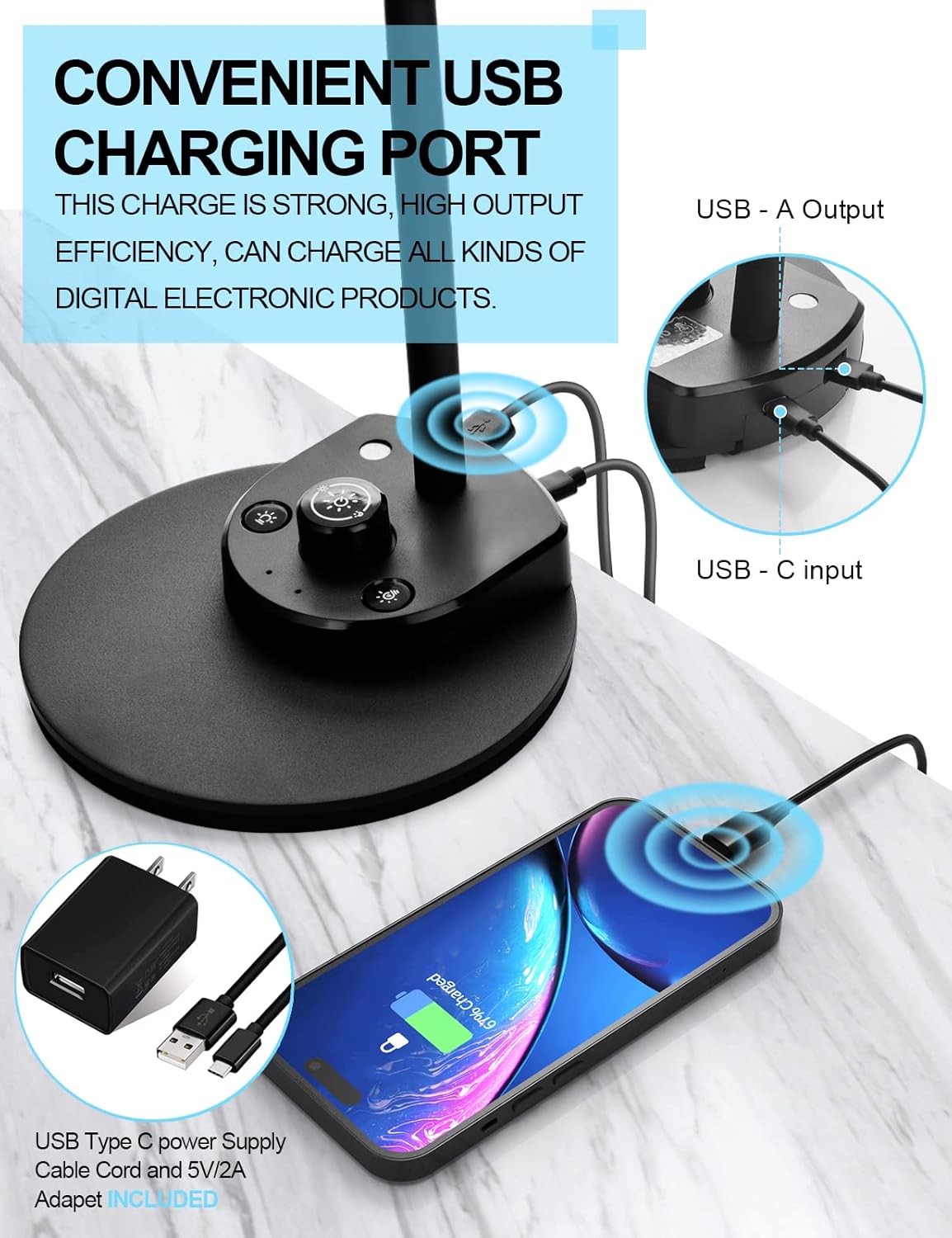 LED Desk Lamp with USB Charging Port 3 Color Modes Dimmable, Black