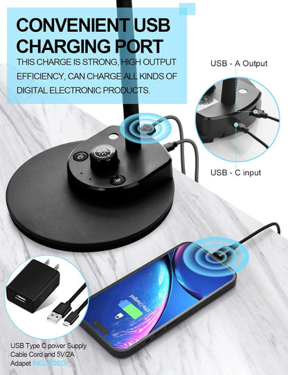 LED Desk Lamp with USB Charging Port 3 Color Modes Dimmable, Black