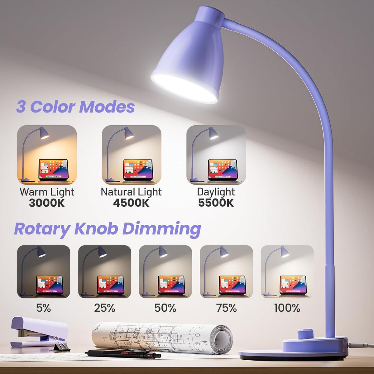 LED Desk Lamp with USB Charging Port 3 Color Modes Dimmable, Black