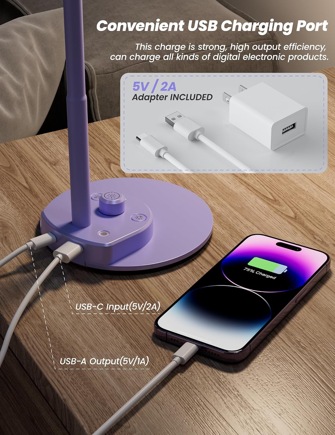LED Desk Lamp with USB Charging Port 3 Color Modes Dimmable, Black