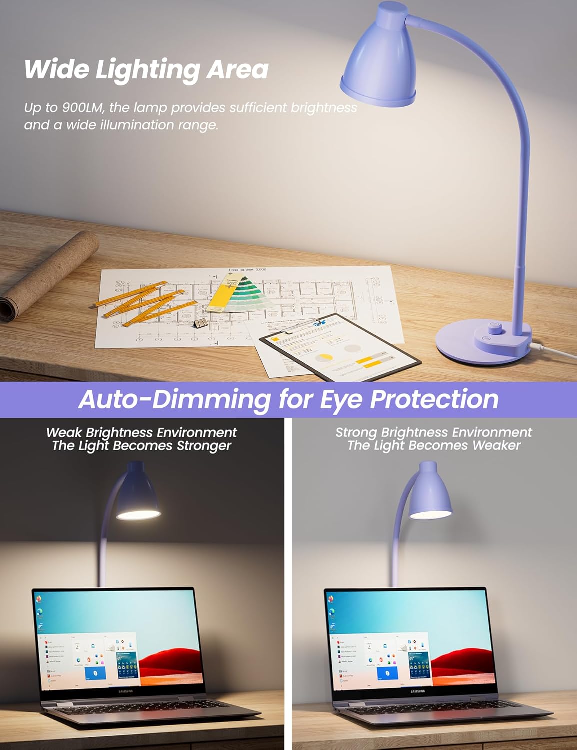 LED Desk Lamp with USB Charging Port 3 Color Modes Dimmable, Black