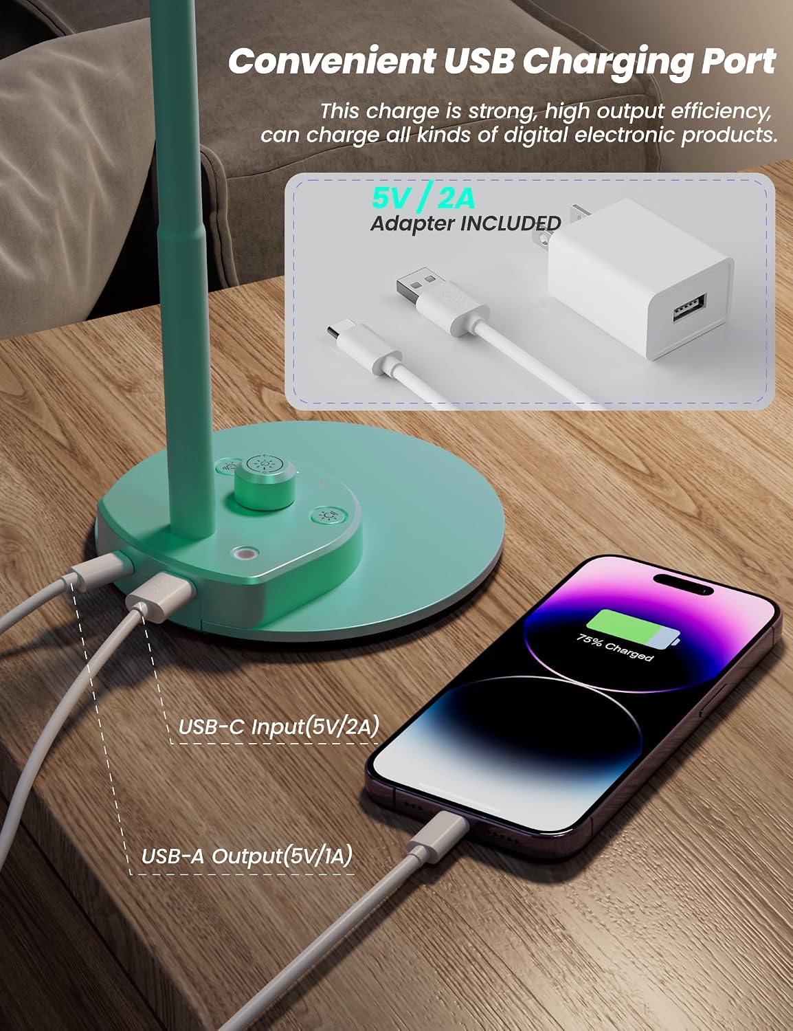 LED Desk Lamp with USB Charging Port 3 Color Modes Dimmable, Black
