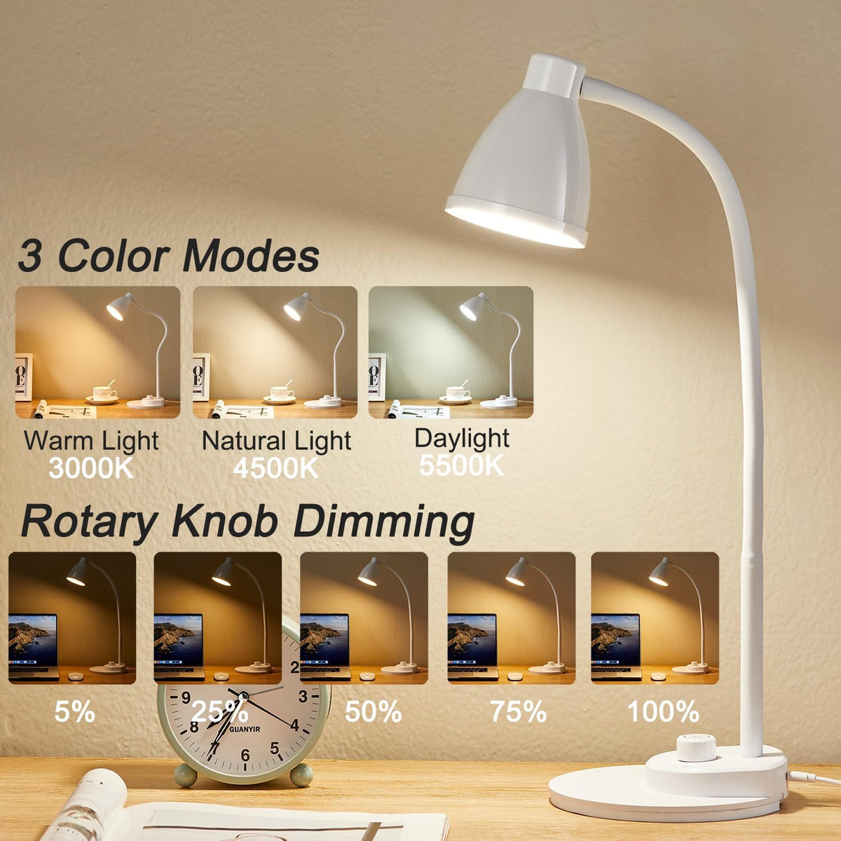 LED Desk Lamp with USB Charging Port 3 Color Modes Dimmable, Black