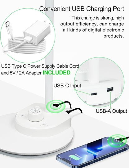 LED Desk Lamp with USB Charging Port 3 Color Modes Dimmable, Black