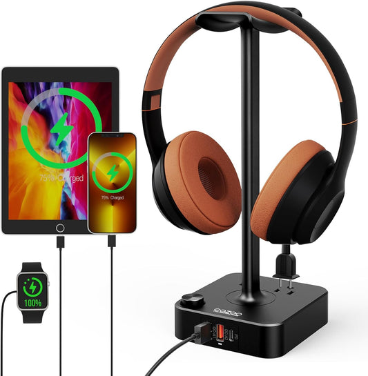 Headphone Stand with Charger for Desk, Gifts for Gamers Men, Black