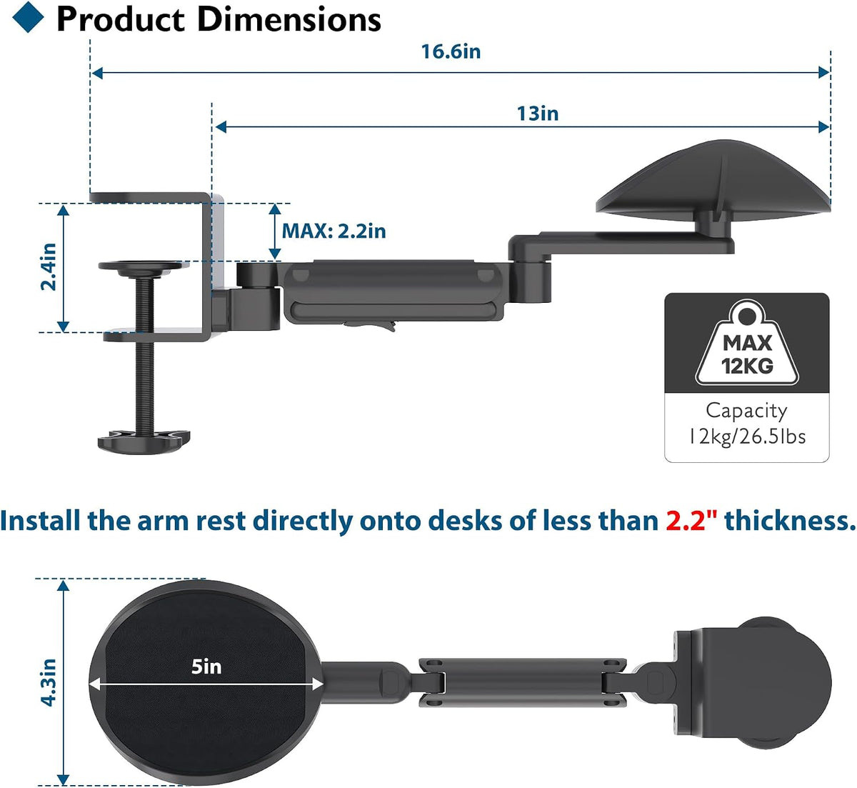 Adjustable Arm Rest for Desk, 360° Rotating & Extendable, Aluminum