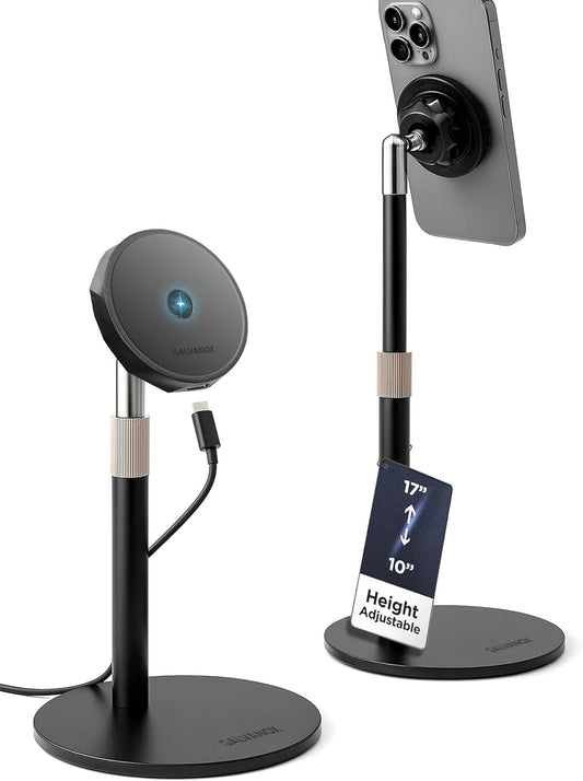 Magnetic Fast-Charging Desk Phone Stand (Adjustable Height) Compatible with MagSafe, Tall Wireless Charger, Heavy Metal Base (15W) Desktop iPhone Holder, Great for Office/Video Calls