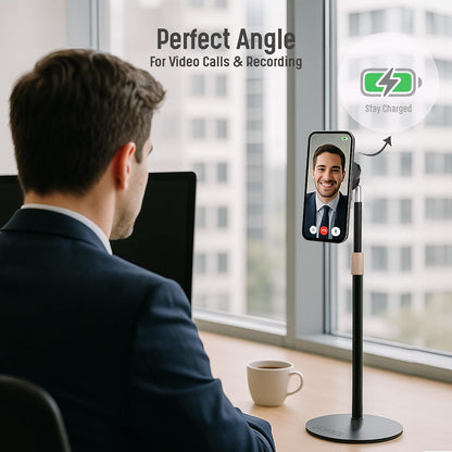 Magnetic Fast-Charging Desk Phone Stand (Adjustable Height) Compatible with MagSafe, Tall Wireless Charger, Heavy Metal Base (15W) Desktop iPhone Holder, Great for Office/Video Calls