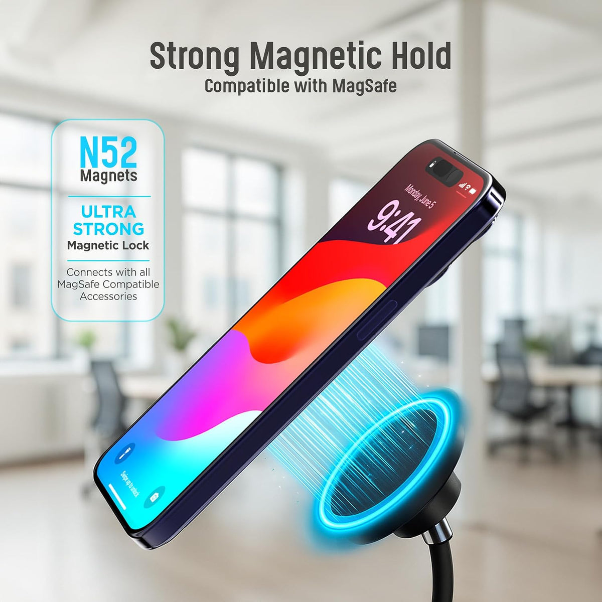 Magnetic Fast-Charging Desk Phone Stand (Adjustable Height) Compatible with MagSafe, Tall Wireless Charger, Heavy Metal Base (15W) Desktop iPhone Holder, Great for Office/Video Calls