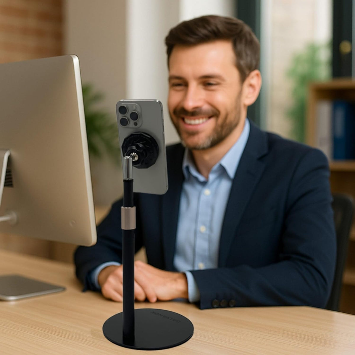 Magnetic Fast-Charging Desk Phone Stand (Adjustable Height) Compatible with MagSafe, Tall Wireless Charger, Heavy Metal Base (15W) Desktop iPhone Holder, Great for Office/Video Calls