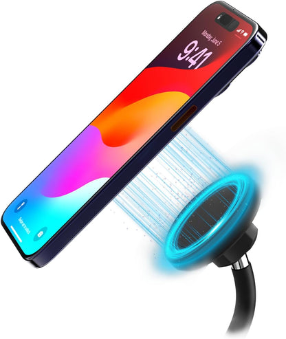 Magnetic Fast-Charging Desk Phone Stand (Adjustable Height) Compatible with MagSafe, Tall Wireless Charger, Heavy Metal Base (15W) Desktop iPhone Holder, Great for Office/Video Calls