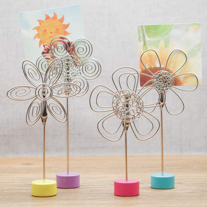 4 pcs Cute Flower Table Card Memo Holder Stand, Photo Clips Holder Desk Stand for Memo Paper Note Monmory Photo Christmas Wedding Number Card Display with Colorful Metal Base