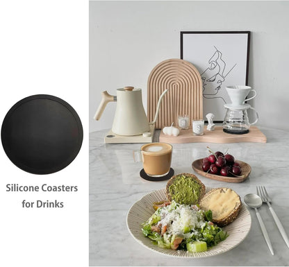 2 Pack Silicone Coasters for Drinks, Round Black Coasters with Grooved Design Cup Mat, Washable Durable Non-Slip Coasters Ideal for Coffee, Cold Drinks in the Kitchen or Bar