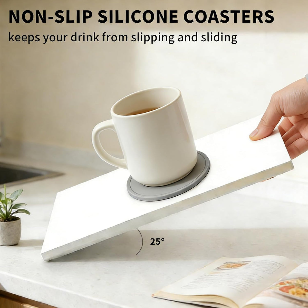 2 Pack Silicone Coasters for Drinks, Round Black Coasters with Grooved Design Cup Mat, Washable Durable Non-Slip Coasters Ideal for Coffee, Cold Drinks in the Kitchen or Bar
