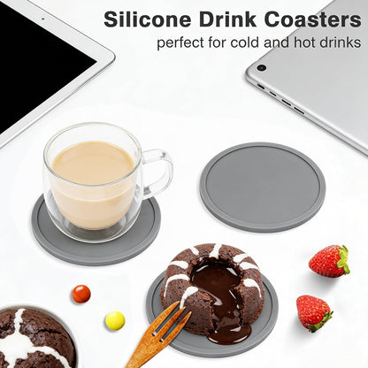 2 Pack Silicone Coasters for Drinks, Round Black Coasters with Grooved Design Cup Mat, Washable Durable Non-Slip Coasters Ideal for Coffee, Cold Drinks in the Kitchen or Bar
