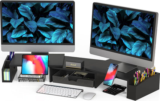 Desk Dual Monitor Stand Riser with Drawer, Black