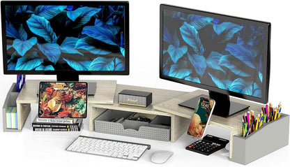 Desk Dual Monitor Stand Riser with Drawer, Black