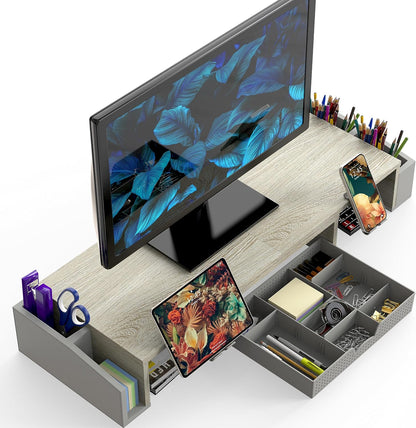 Desk Dual Monitor Stand Riser with Drawer, Black