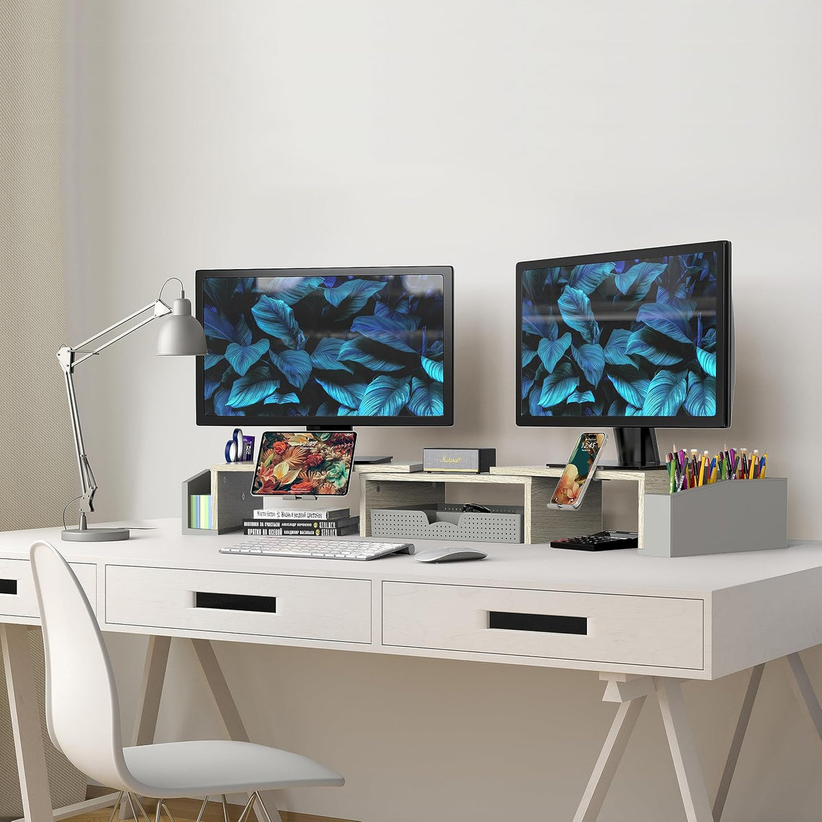 Desk Dual Monitor Stand Riser with Drawer, Black
