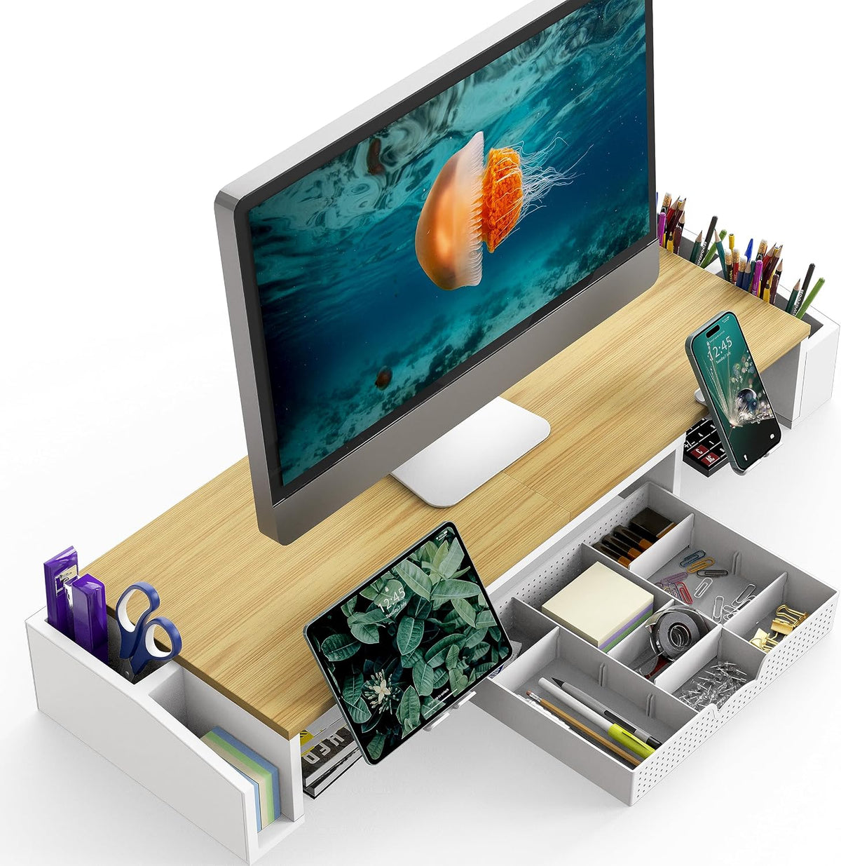 Desk Dual Monitor Stand Riser with Drawer, Black
