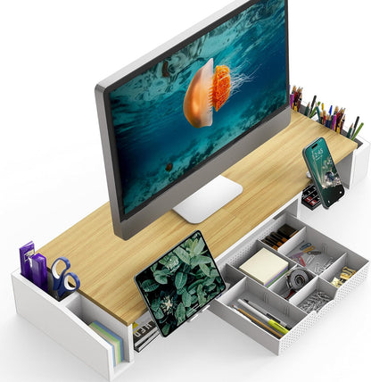 Desk Dual Monitor Stand Riser with Drawer, Black