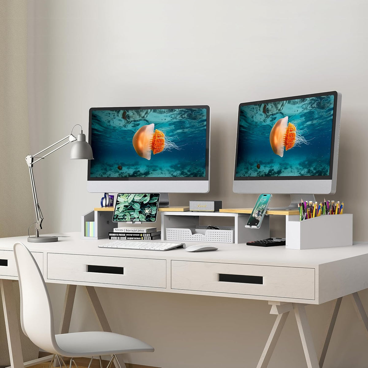 Desk Dual Monitor Stand Riser with Drawer, Black