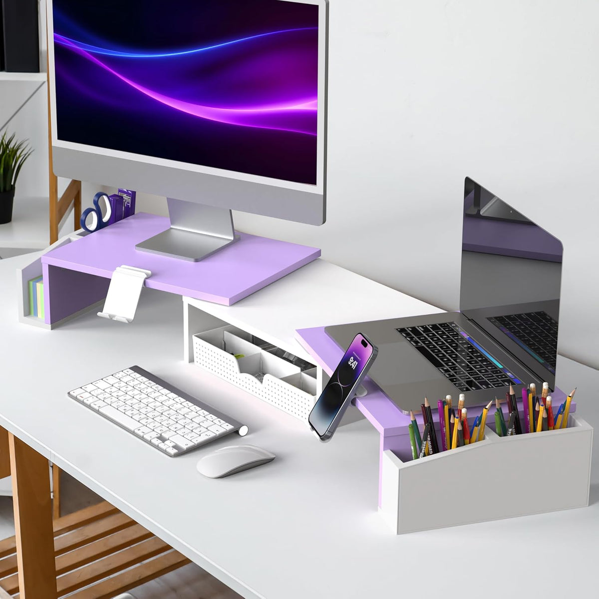 Desk Dual Monitor Stand Riser with Drawer, Black