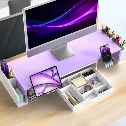 Desk Dual Monitor Stand Riser with Drawer, Black