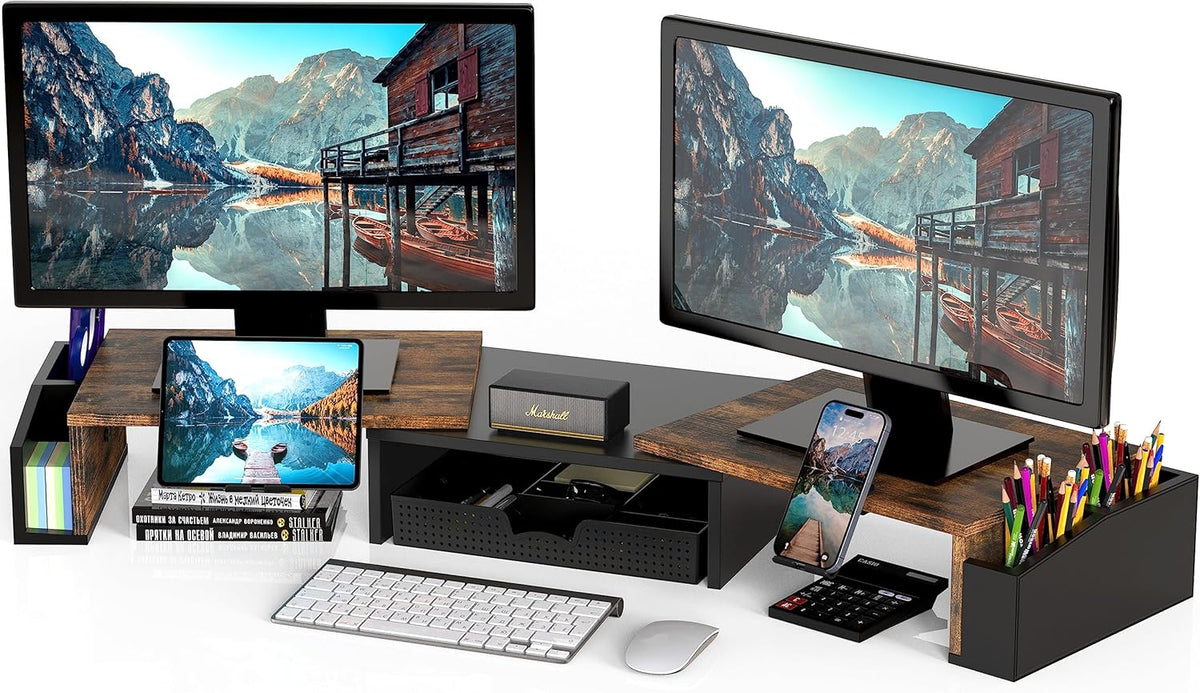 Desk Dual Monitor Stand Riser with Drawer, Black