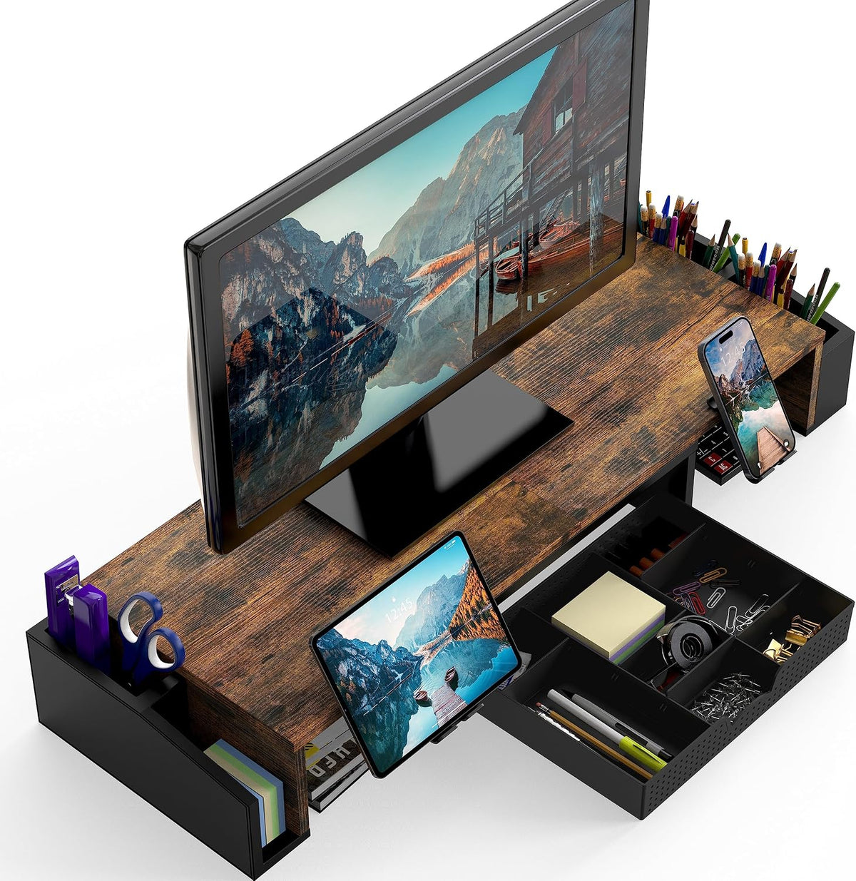 Desk Dual Monitor Stand Riser with Drawer, Black