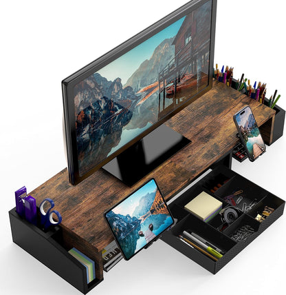 Desk Dual Monitor Stand Riser with Drawer, Black