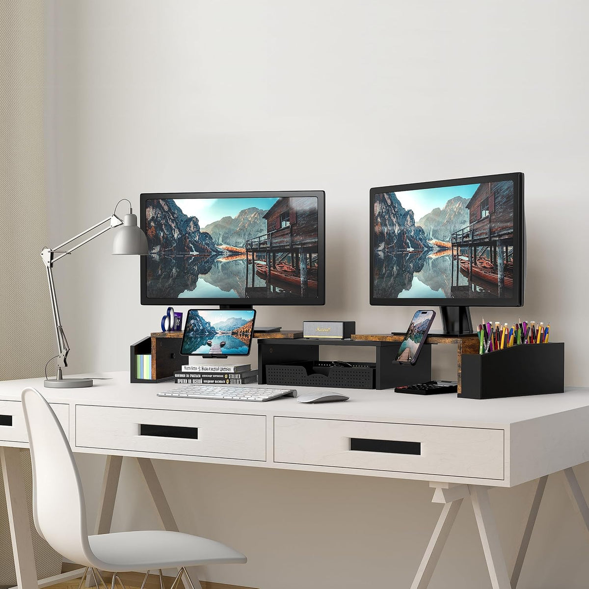 Desk Dual Monitor Stand Riser with Drawer, Black