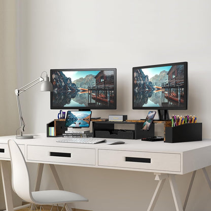 Desk Dual Monitor Stand Riser with Drawer, Black