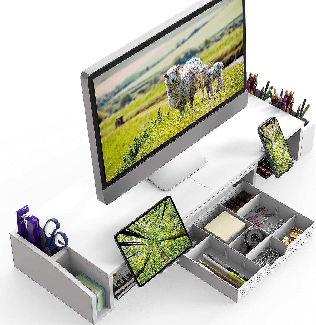Desk Dual Monitor Stand Riser with Drawer, Black