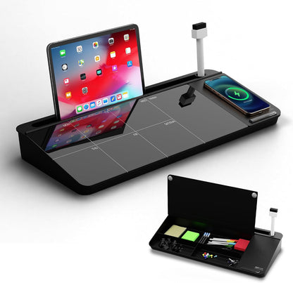 NEXTLUXE Glass Desk Whiteboard with Wireless Charger - Desktop Whiteboard with Storage, Weekly Planner, Dry Erase Pad, Organizer Drawer for Home, School, Office Gadgets – White