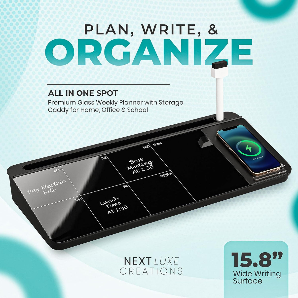 NEXTLUXE Glass Desk Whiteboard with Wireless Charger - Desktop Whiteboard with Storage, Weekly Planner, Dry Erase Pad, Organizer Drawer for Home, School, Office Gadgets – White