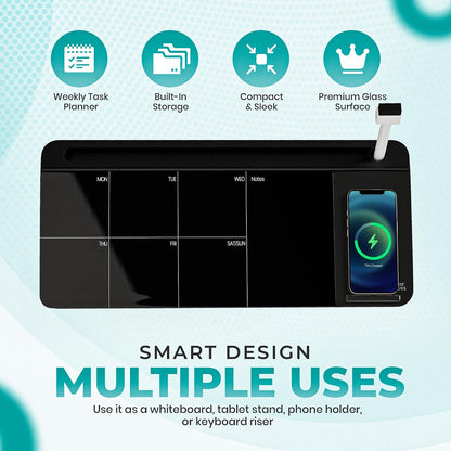 NEXTLUXE Glass Desk Whiteboard with Wireless Charger - Desktop Whiteboard with Storage, Weekly Planner, Dry Erase Pad, Organizer Drawer for Home, School, Office Gadgets – White