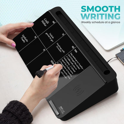 NEXTLUXE Glass Desk Whiteboard with Wireless Charger - Desktop Whiteboard with Storage, Weekly Planner, Dry Erase Pad, Organizer Drawer for Home, School, Office Gadgets – White