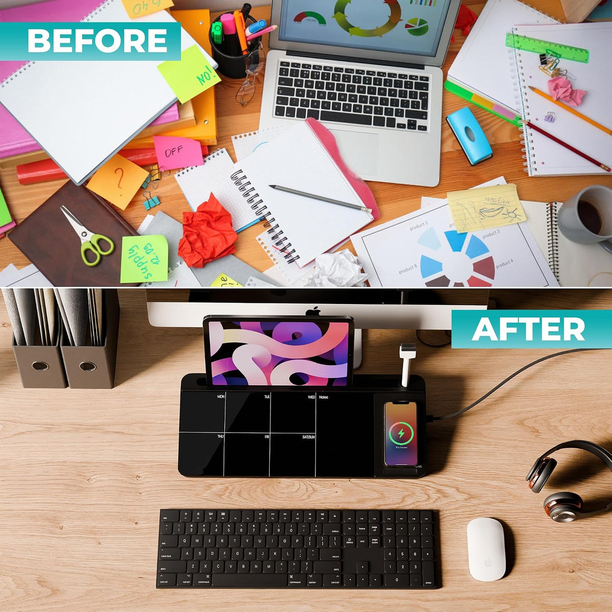 NEXTLUXE Glass Desk Whiteboard with Wireless Charger - Desktop Whiteboard with Storage, Weekly Planner, Dry Erase Pad, Organizer Drawer for Home, School, Office Gadgets – White