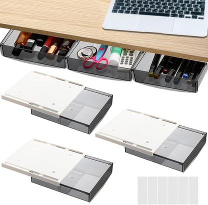 3 Pack Under Desk Drawer, Self-Adhesive Slide Out Organizer Tray, Plastic Under Table Attachable Hidden Storage Organizer for Office Home School Kitchen Sewing Table