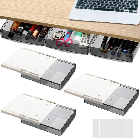 3 Pack Under Desk Drawer, Self-Adhesive Slide Out Organizer Tray, Plastic Under Table Attachable Hidden Storage Organizer for Office Home School Kitchen Sewing Table