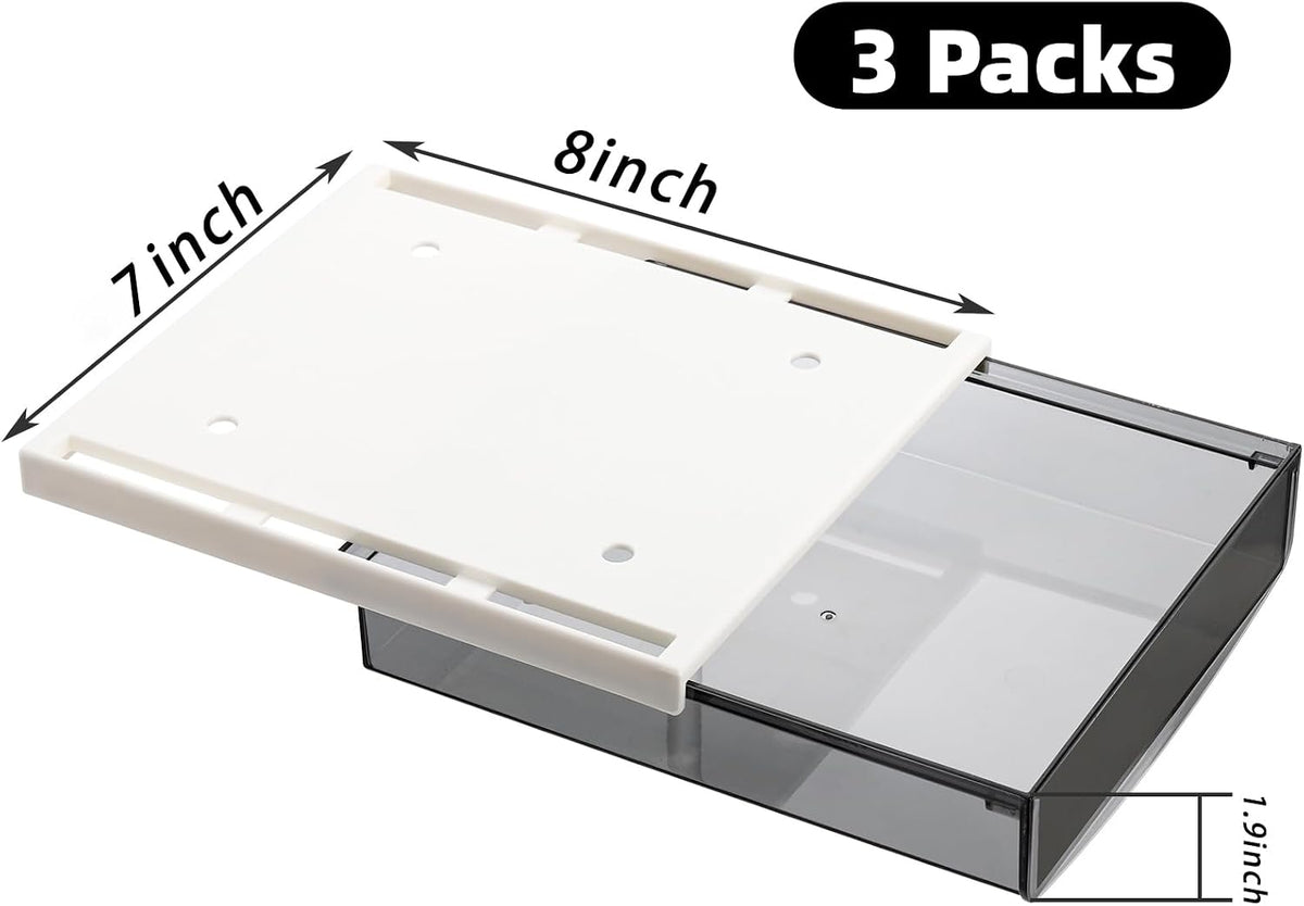 3 Pack Under Desk Drawer, Self-Adhesive Slide Out Organizer Tray, Plastic Under Table Attachable Hidden Storage Organizer for Office Home School Kitchen Sewing Table