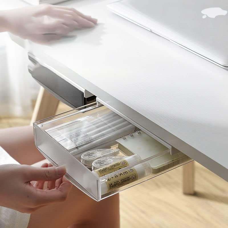 3 Pack Under Desk Drawer, Self-Adhesive Slide Out Organizer Tray, Plastic Under Table Attachable Hidden Storage Organizer for Office Home School Kitchen Sewing Table