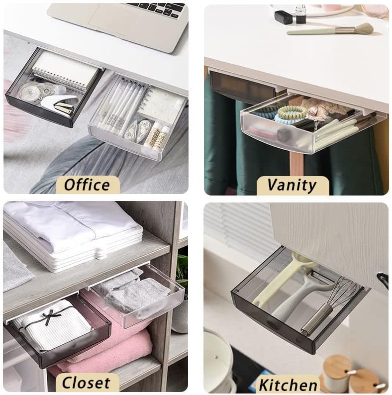 3 Pack Under Desk Drawer, Self-Adhesive Slide Out Organizer Tray, Plastic Under Table Attachable Hidden Storage Organizer for Office Home School Kitchen Sewing Table