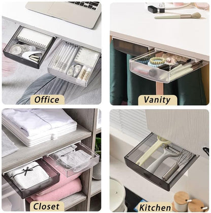 3 Pack Under Desk Drawer, Self-Adhesive Slide Out Organizer Tray, Plastic Under Table Attachable Hidden Storage Organizer for Office Home School Kitchen Sewing Table