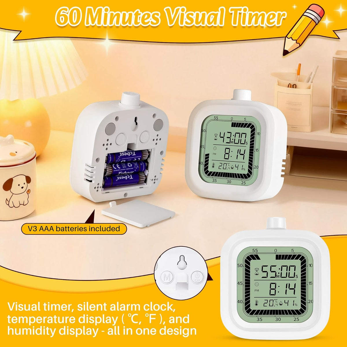 Visual Timer, 60 Minutes Countdown & Countup Timer, Digital Alarm Clock with Temperature and Humidity Monitor, 4 in 1 Multifunctional Desk Clock for Kids Study, Kitchen, Office and Home,Blue