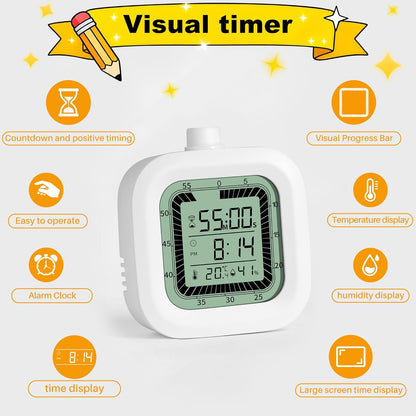 Visual Timer, 60 Minutes Countdown & Countup Timer, Digital Alarm Clock with Temperature and Humidity Monitor, 4 in 1 Multifunctional Desk Clock for Kids Study, Kitchen, Office and Home,Blue