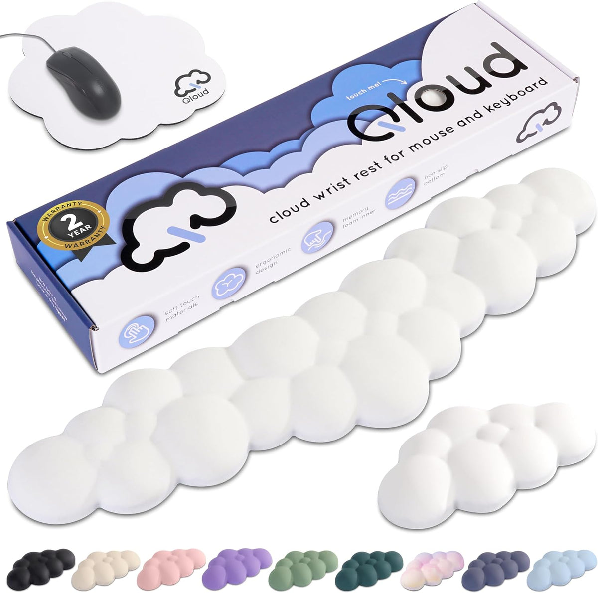 Cloud Keyboard Wrist Rest – Qloud Cloud Wrist Rest for Computer Keyboard and Mouse, Ergonomic Memory Foam Wrist Pad with Non-Slip Base, Includes Cloud Mouse Pad – White
